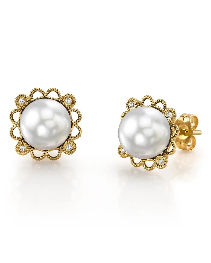 Earrings White South Sea Pearl Diamond Couronne Earrings spt