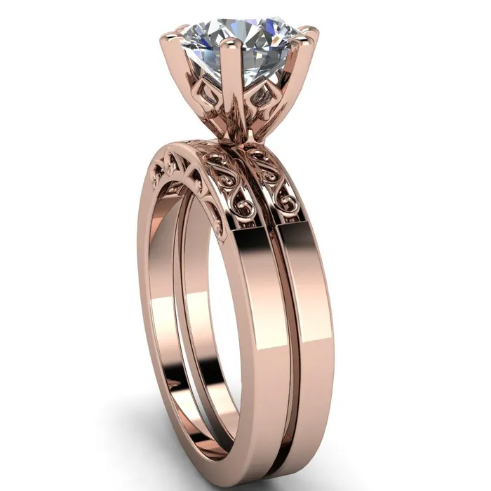 Eliza Round Center Stone Filigree Hollowed Quarter Band 6 Prong Serenade Solitaire Engagement Ring Fire Brilliance Rings