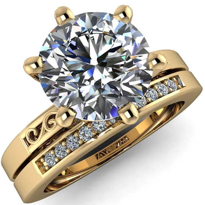 Eliza Round Center Stone Filigree Hollowed Quarter Band 6 Prong Serenade Solitaire Engagement Ring Fire Brilliance Rings