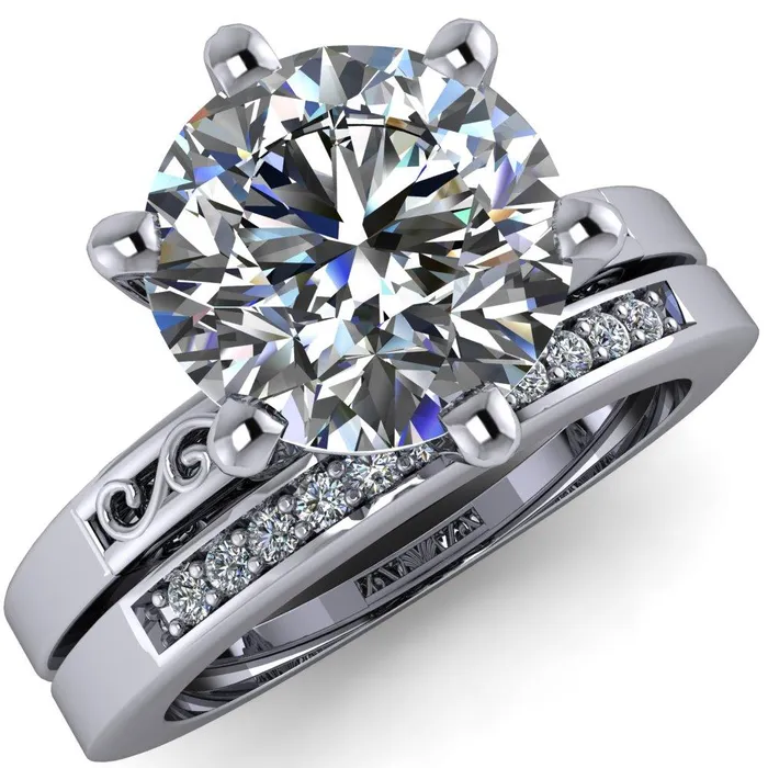 Eliza Round Center Stone Filigree Hollowed Quarter Band 6 Prong Serenade Solitaire Engagement Ring Fire Brilliance Rings