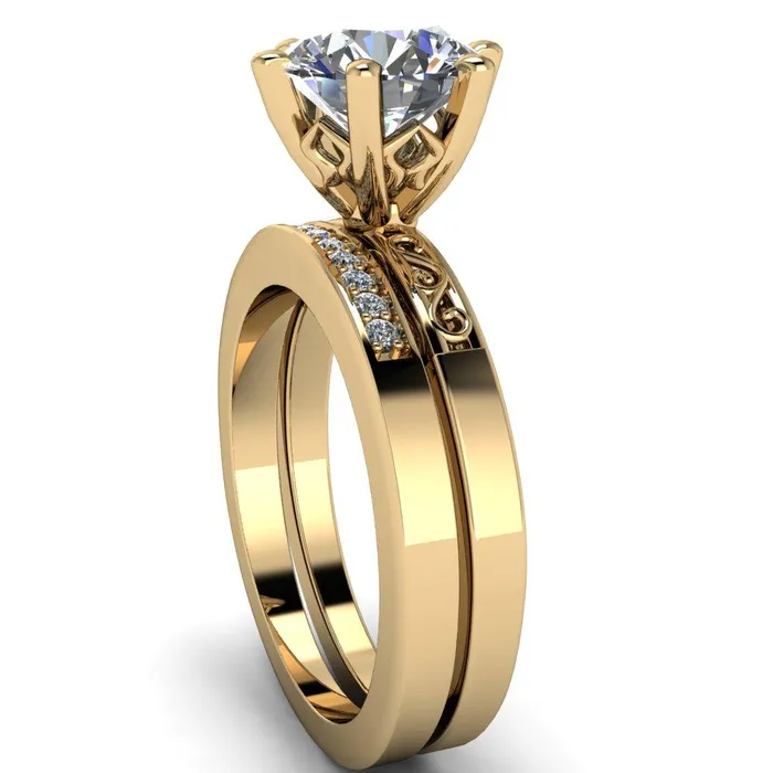 Eliza Round Center Stone Filigree Hollowed Quarter Band 6 Prong Serenade Solitaire Engagement Ring Fire Brilliance Rings
