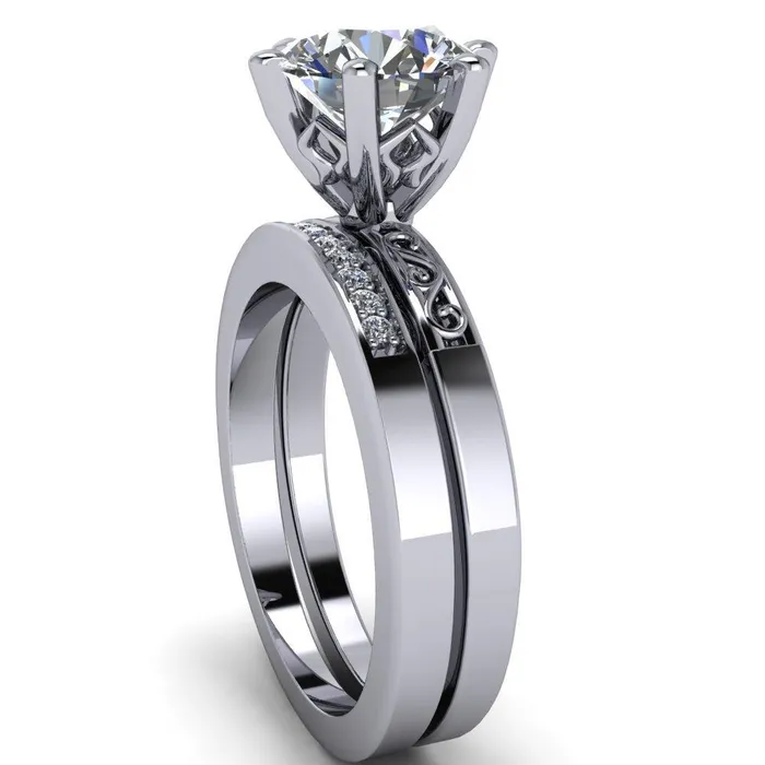 Eliza Round Center Stone Filigree Hollowed Quarter Band 6 Prong Serenade Solitaire Engagement Ring Fire Brilliance Rings