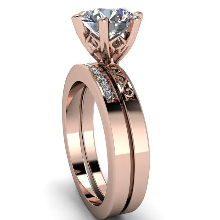 Eliza Round Center Stone Filigree Hollowed Quarter Band 6 Prong Serenade Solitaire Engagement Ring Fire Brilliance Rings