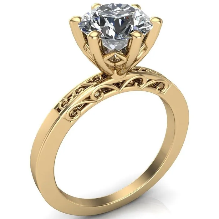 Eliza Round Center Stone Filigree Hollowed Quarter Band 6 Prong Serenade Solitaire Engagement Ring Fire Brilliance Rings