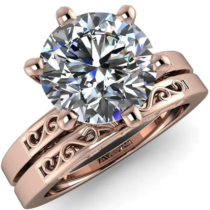 Eliza Round Center Stone Filigree Hollowed Quarter Band 6 Prong Serenade Solitaire Engagement Ring Fire Brilliance Rings