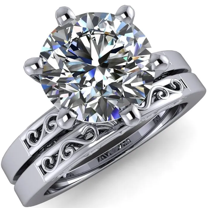 Eliza Round Center Stone Filigree Hollowed Quarter Band 6 Prong Serenade Solitaire Engagement Ring Fire Brilliance Rings