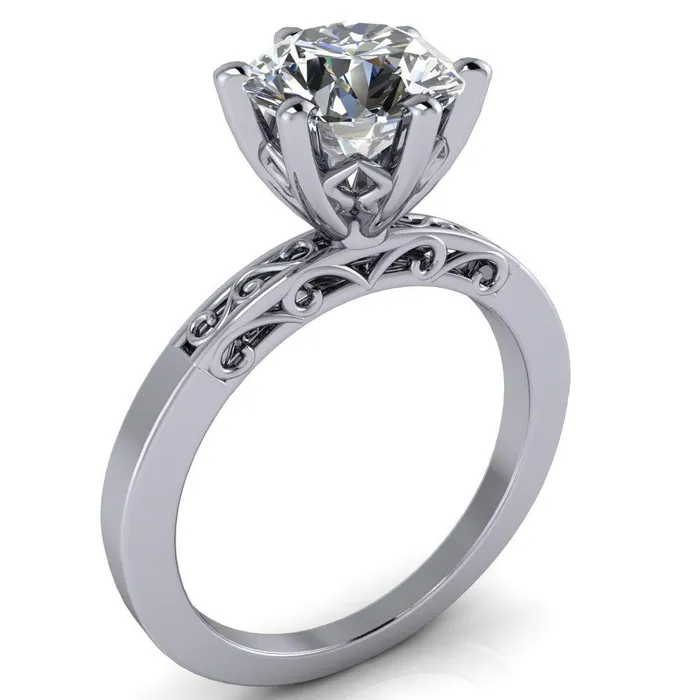 Eliza Round Center Stone Filigree Hollowed Quarter Band 6 Prong Serenade Solitaire Engagement Ring Fire Brilliance Rings