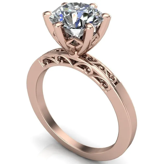 Eliza Round Center Stone Filigree Hollowed Quarter Band 6 Prong Serenade Solitaire Engagement Ring Fire Brilliance Rings