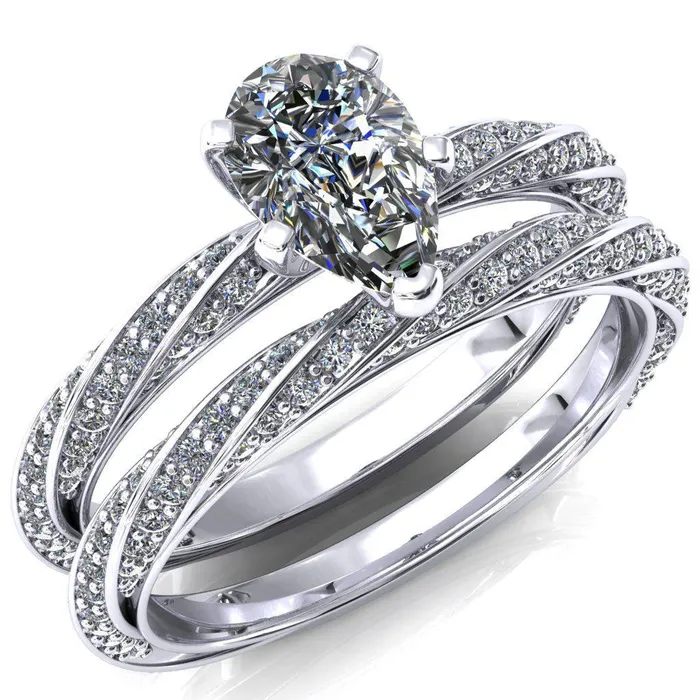 Elysia Pear Moissanite 5 Prong 34 Eternity Diamond Accent Ring Fire Brilliance Rings Elysia Pear Moissanite 5 Prong 34 Eternity Diamond Accent Ring Fire Brilliance Rings