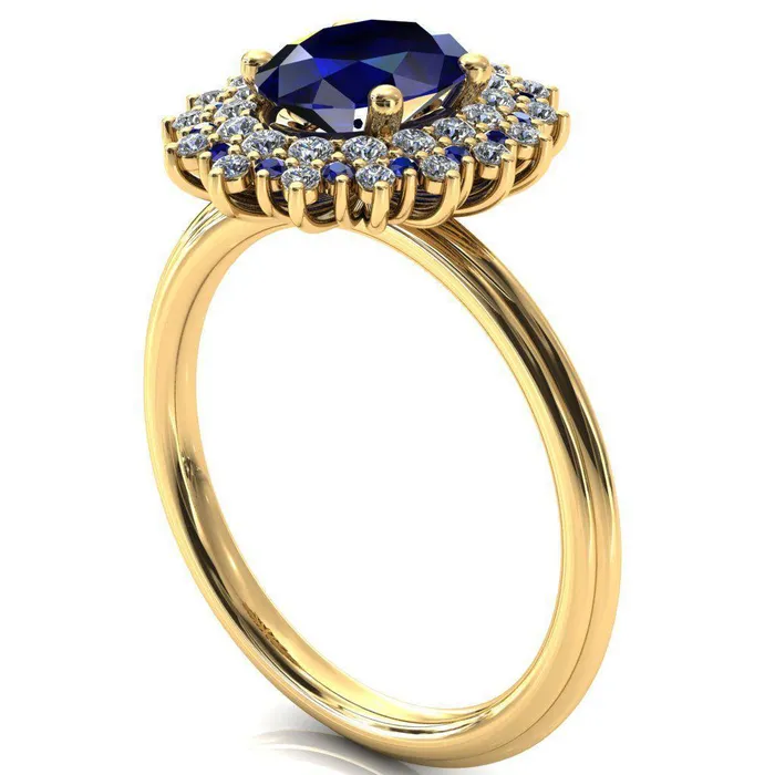 Eridanus Oval Blue Sapphire Cluster Diamond and Blue Sapphire Halo Wedding Ring Fire Brilliance Rings