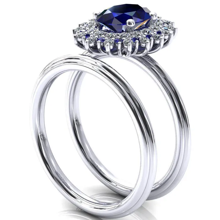 Eridanus Oval Blue Sapphire Cluster Diamond and Blue Sapphire Halo Wedding Ring Fire Brilliance Rings