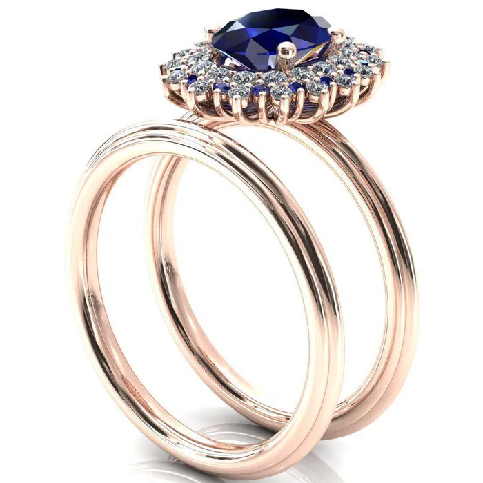 Eridanus Oval Blue Sapphire Cluster Diamond and Blue Sapphire Halo Wedding Ring Fire Brilliance Rings