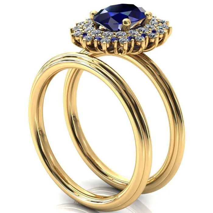 Eridanus Oval Blue Sapphire Cluster Diamond and Blue Sapphire Halo Wedding Ring Fire Brilliance Rings