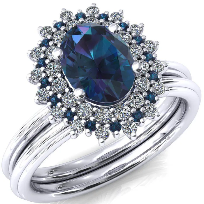 Eridanus Oval Blue Sapphire Cluster Diamond and Blue Sapphire Halo Wedding Ring Fire Brilliance Rings