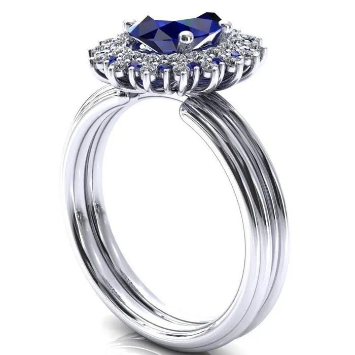Eridanus Oval Blue Sapphire Cluster Diamond and Blue Sapphire Halo Wedding Ring Fire Brilliance Rings