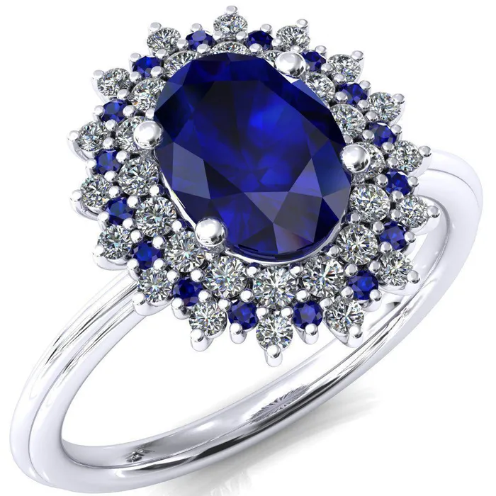 Eridanus Oval Blue Sapphire Cluster Diamond and Blue Sapphire Halo Wedding Ring Fire Brilliance Rings