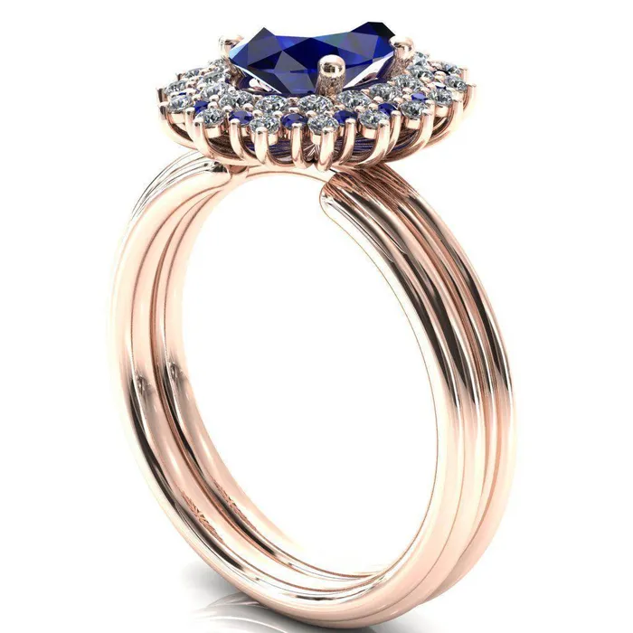 Eridanus Oval Blue Sapphire Cluster Diamond and Blue Sapphire Halo Wedding Ring Fire Brilliance Rings