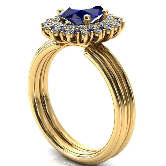 Eridanus Oval Blue Sapphire Cluster Diamond and Blue Sapphire Halo Wedding Ring Fire Brilliance Rings
