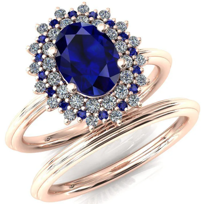 Eridanus Oval Blue Sapphire Cluster Diamond and Blue Sapphire Halo Wedding Ring Fire Brilliance Rings