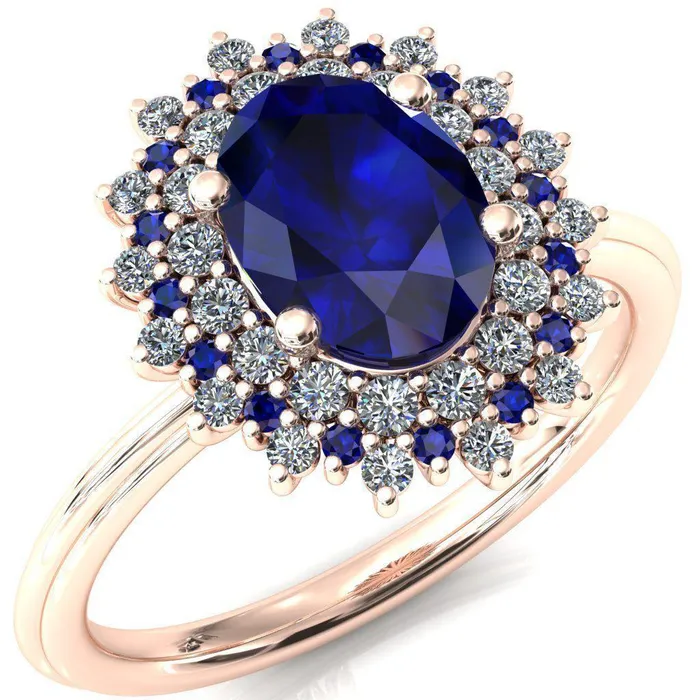 Eridanus Oval Blue Sapphire Cluster Diamond and Blue Sapphire Halo Wedding Ring Fire Brilliance Rings