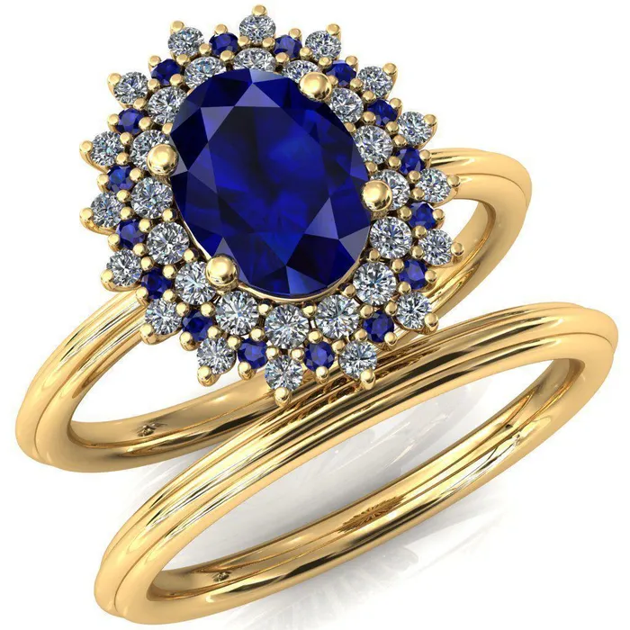 Eridanus Oval Blue Sapphire Cluster Diamond and Blue Sapphire Halo Wedding Ring Fire Brilliance Rings