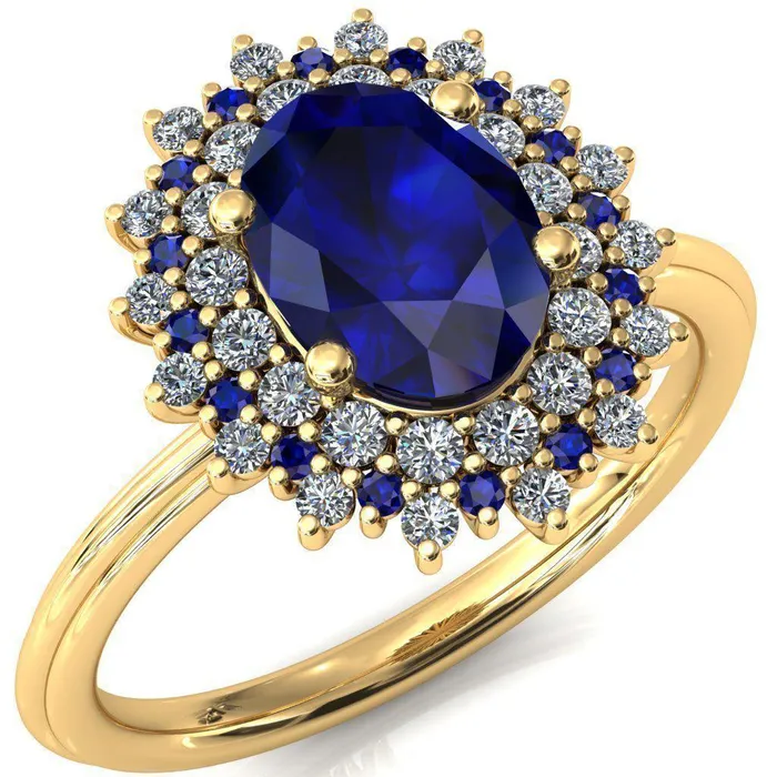 Eridanus Oval Blue Sapphire Cluster Diamond and Blue Sapphire Halo Wedding Ring Fire Brilliance Rings