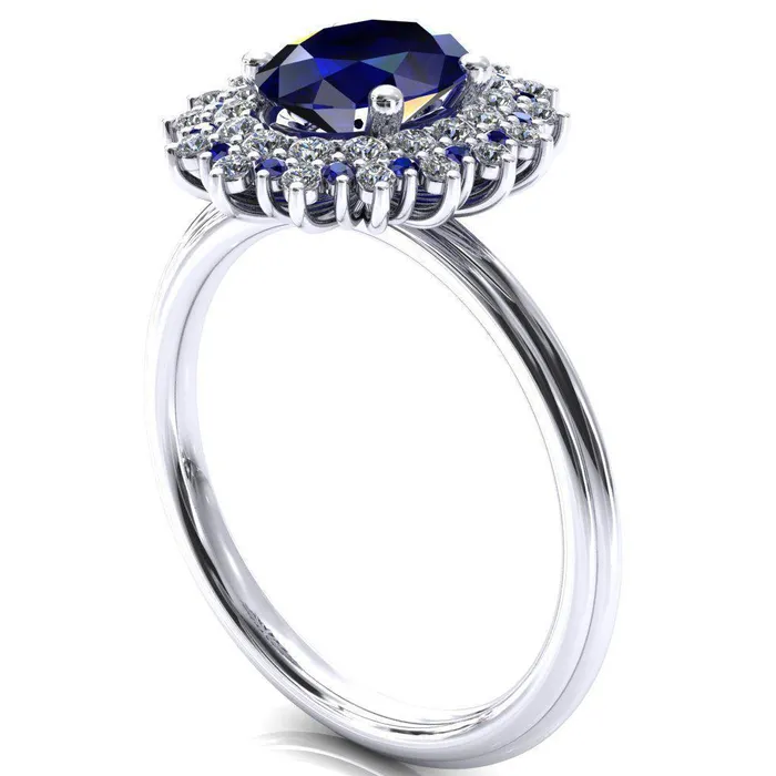 Eridanus Oval Blue Sapphire Cluster Diamond and Blue Sapphire Halo Wedding Ring Fire Brilliance Rings