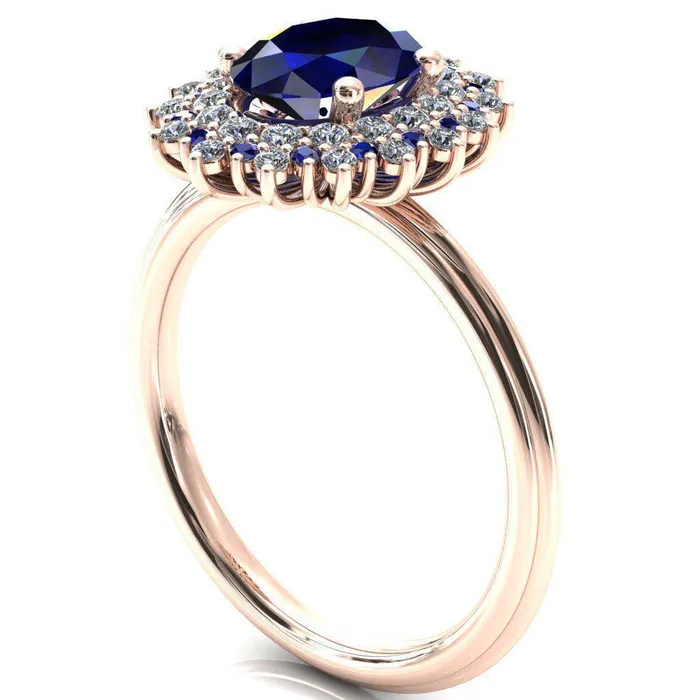 Eridanus Oval Blue Sapphire Cluster Diamond and Blue Sapphire Halo Wedding Ring Fire Brilliance Rings