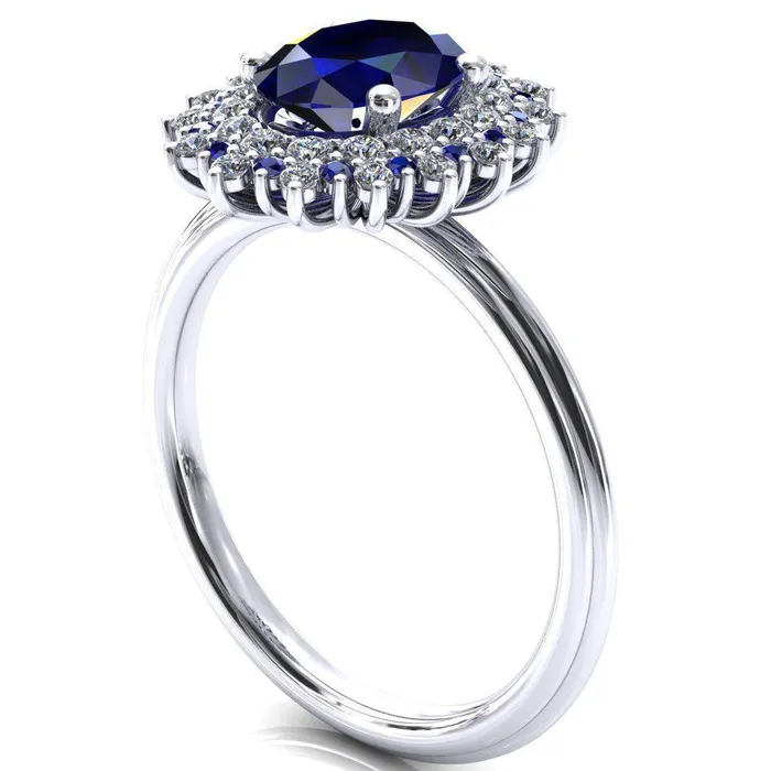 Eridanus Oval Blue Sapphire Cluster Diamond and Blue Sapphire Halo Wedding Ring Fire Brilliance Rings