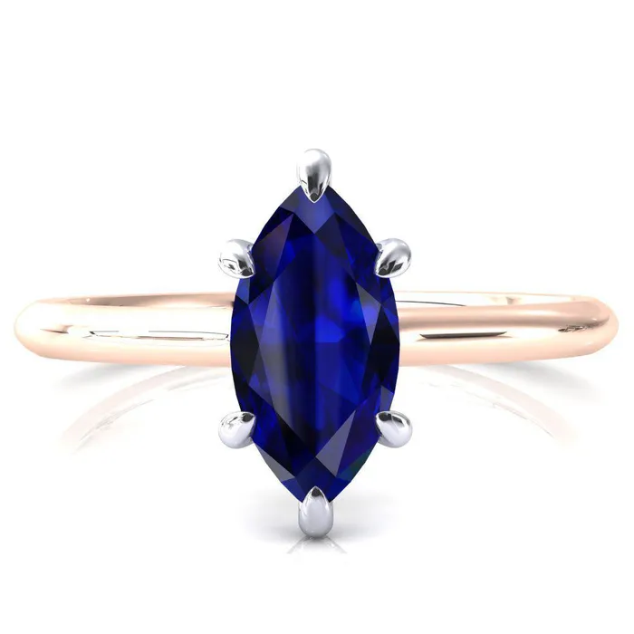 Fire Brilliance Janey Marquise Blue Sapphire 6 Prongs Claw Floating Halo Inverted Cathedral Ring Rings