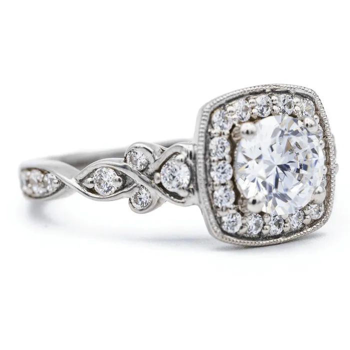 Fire Brilliance Rings 65mm Round Center 14K White Gold Cushion Halo Diamond Shank Ring and Wedding Band Set Fire Brilliance Rings 65mm Round Center 14K White Gold Cushion Halo Diamond Shank Ring and Wedding Band Set