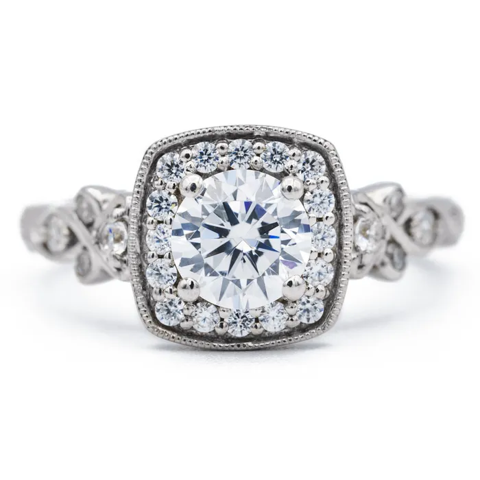 Fire Brilliance Rings 65mm Round Center 14K White Gold Cushion Halo Diamond Shank Ring and Wedding Band Set