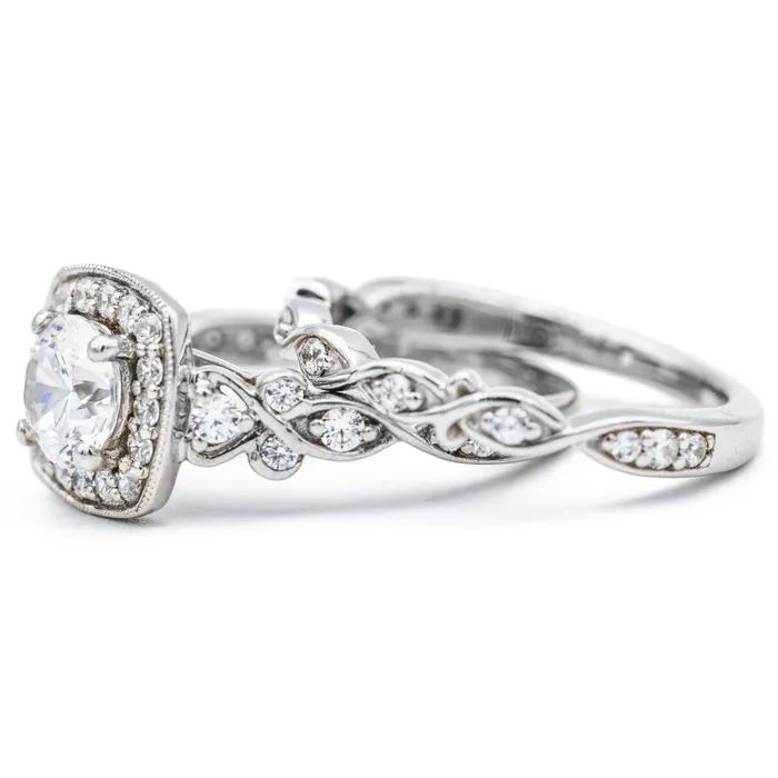 Fire Brilliance Rings 65mm Round Center 14K White Gold Cushion Halo Diamond Shank Ring and Wedding Band Set