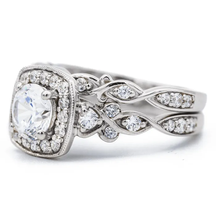 Fire Brilliance Rings 65mm Round Center 14K White Gold Cushion Halo Diamond Shank Ring and Wedding Band Set