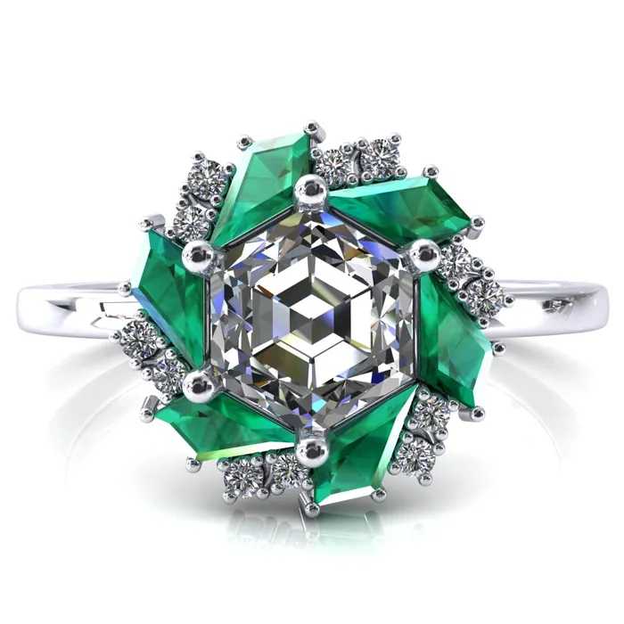 Fire Brilliance Rings 70mm Hexagon Center Kite Cut Green Emerald Cluster Halo Ring