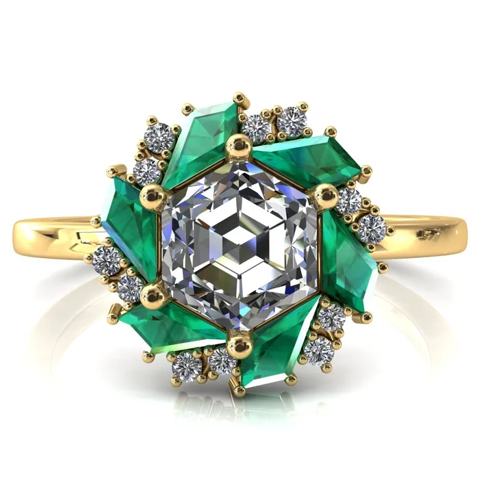 Fire Brilliance Rings 70mm Hexagon Center Kite Cut Green Emerald Cluster Halo Ring