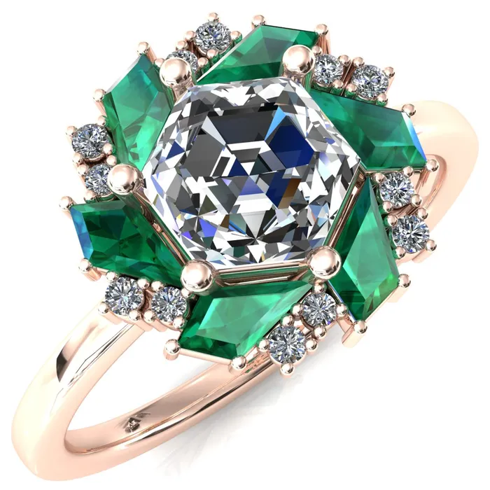 Fire Brilliance Rings 70mm Hexagon Center Kite Cut Green Emerald Cluster Halo Ring