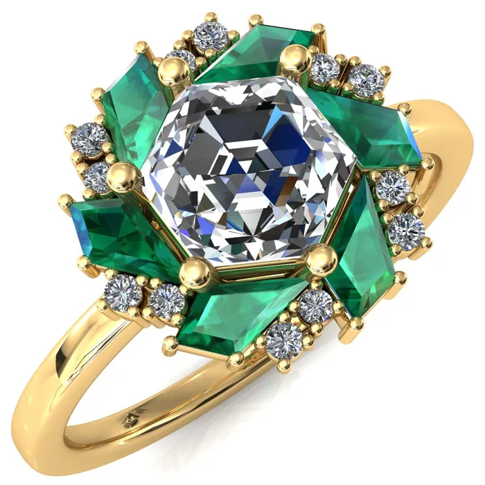 Fire Brilliance Rings 70mm Hexagon Center Kite Cut Green Emerald Cluster Halo Ring