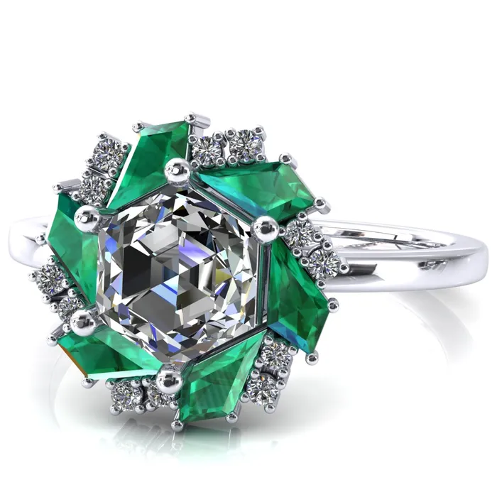 Fire Brilliance Rings 70mm Hexagon Center Kite Cut Green Emerald Cluster Halo Ring