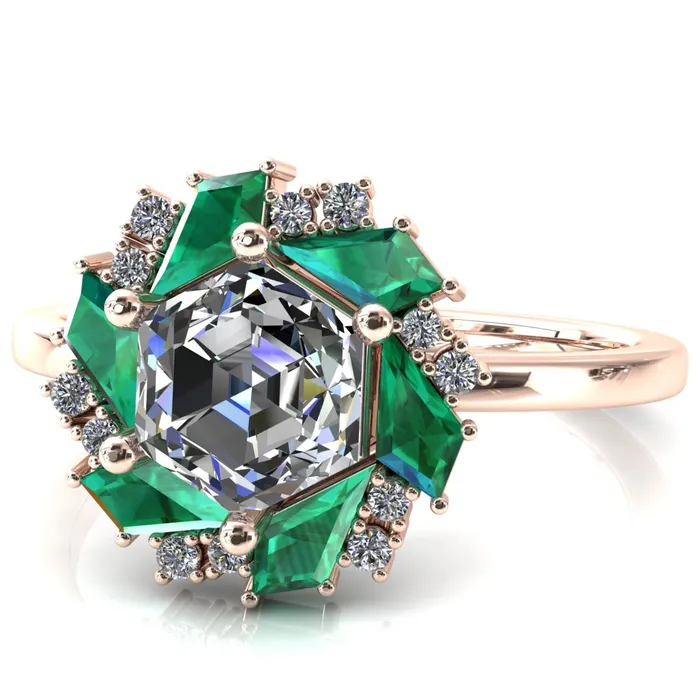 Fire Brilliance Rings 70mm Hexagon Center Kite Cut Green Emerald Cluster Halo Ring