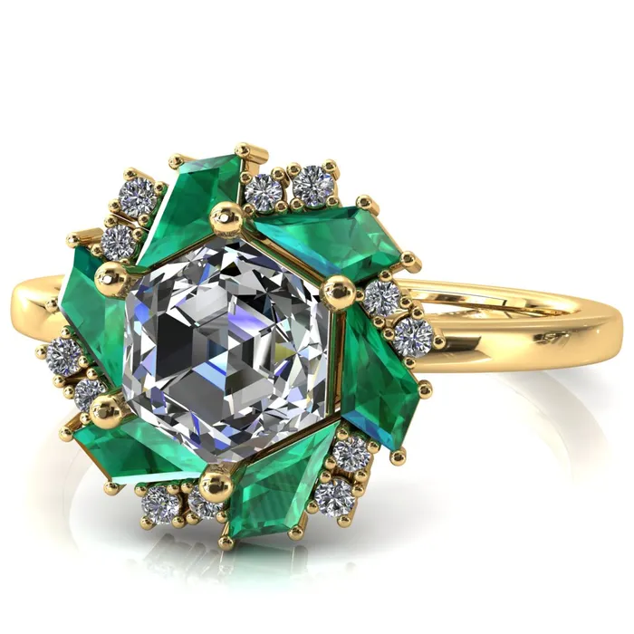 Fire Brilliance Rings 70mm Hexagon Center Kite Cut Green Emerald Cluster Halo Ring