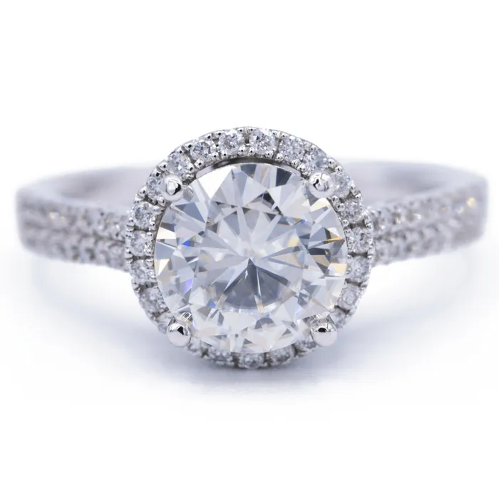Fire Brilliance Rings 8mm Round Center 14K White Gold Diamond Double Shoulders and Halo Ring Fire Brilliance Rings 8mm Round Center 14K White Gold Diamond Double Shoulders and Halo Ring