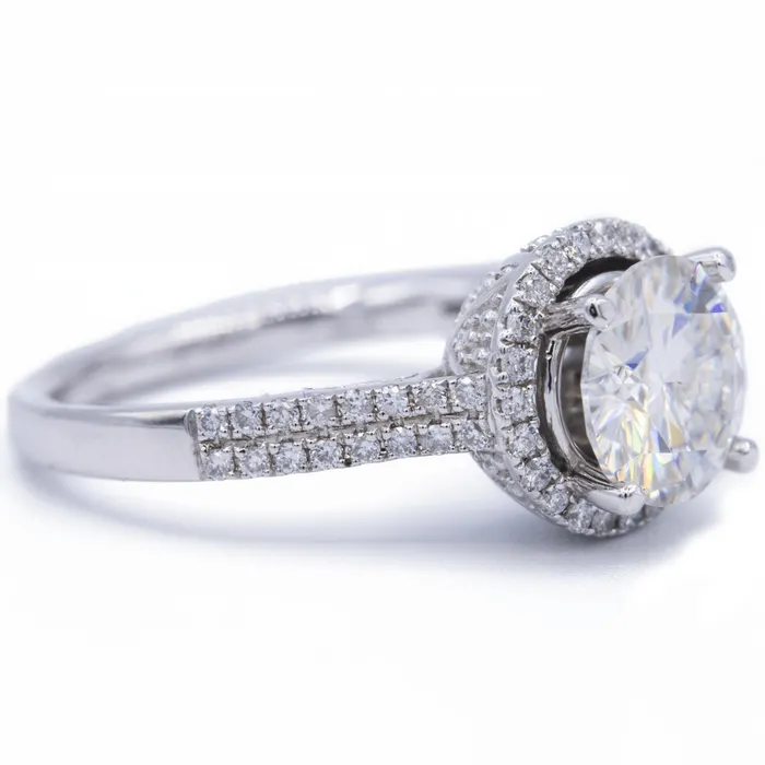 Fire Brilliance Rings 8mm Round Center 14K White Gold Diamond Double Shoulders and Halo Ring