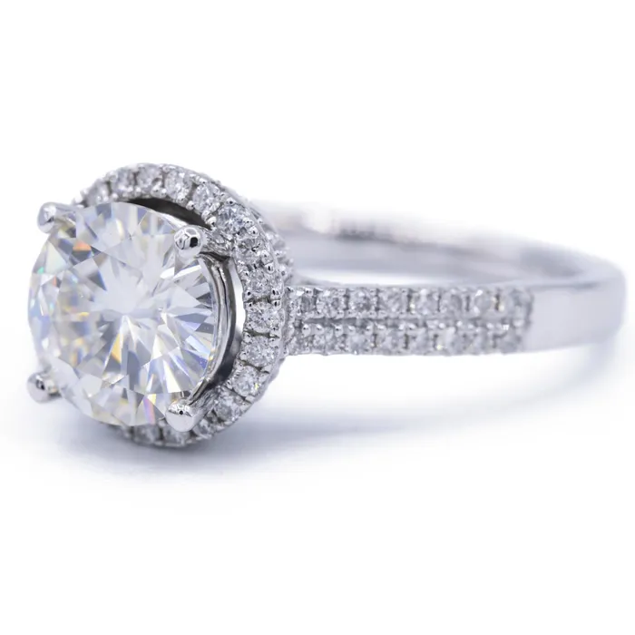 Fire Brilliance Rings 8mm Round Center 14K White Gold Diamond Double Shoulders and Halo Ring
