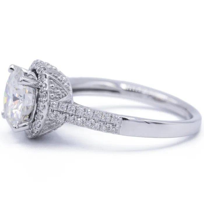 Fire Brilliance Rings 8mm Round Center 14K White Gold Diamond Double Shoulders and Halo Ring