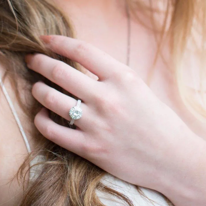 Fire Brilliance Rings 8mm Round Center 14K White Gold Diamond Double Shoulders and Halo Ring