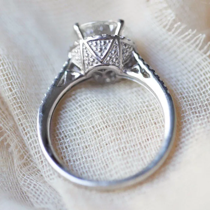 Fire Brilliance Rings 8mm Round Center 14K White Gold Diamond Double Shoulders and Halo Ring