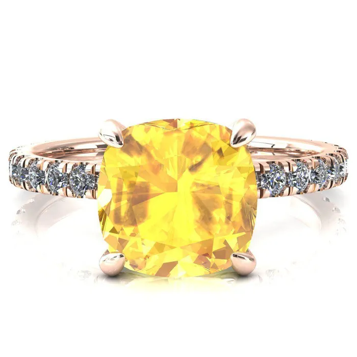 Fire Brilliance Rings Alessi Cushion Yellow Sapphire 4 Claw Prong 34 Micro Pave Engagement Ring