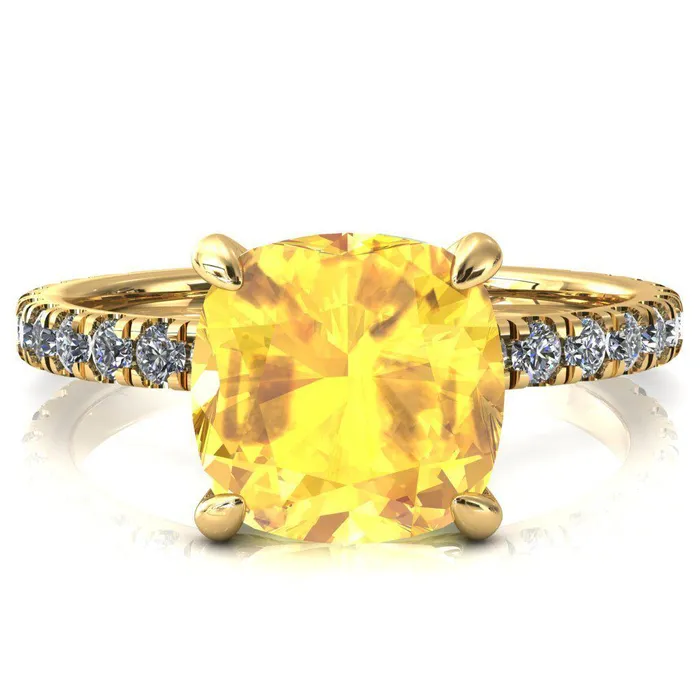 Fire Brilliance Rings Alessi Cushion Yellow Sapphire 4 Claw Prong 34 Micro Pave Engagement Ring