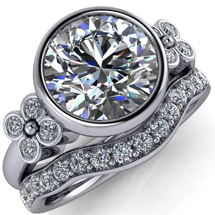 Fire Brilliance Rings Andrea Round Center Stone Full Bezel 4 Lucky Clover Sides Ring Fire Brilliance Rings Andrea Round Center Stone Full Bezel 4 Lucky Clover Sides Ring